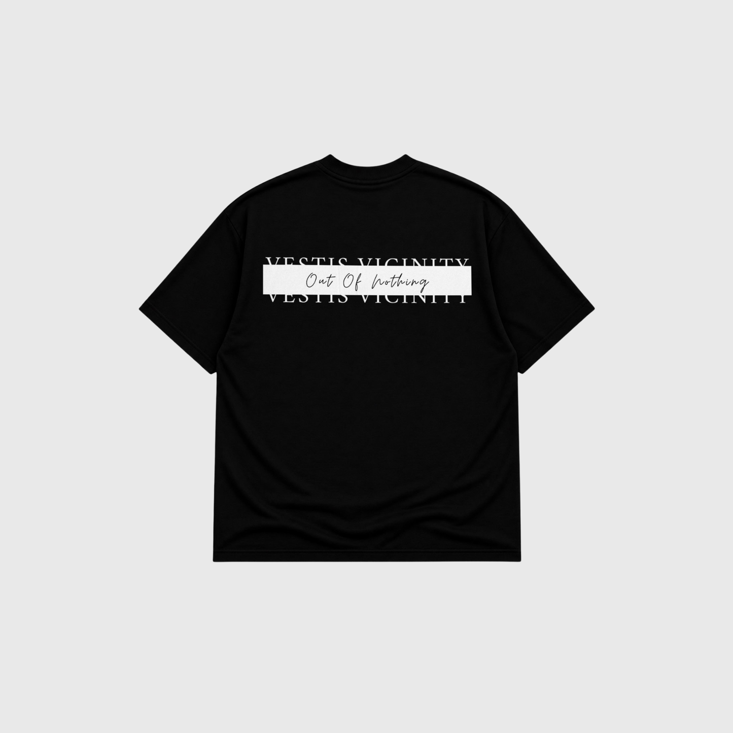 Black oversized T-shirt displayed from the back on a light gray background. Large graphic text is printed across the upper back with a horizontal gray bar overlaying part of the design.