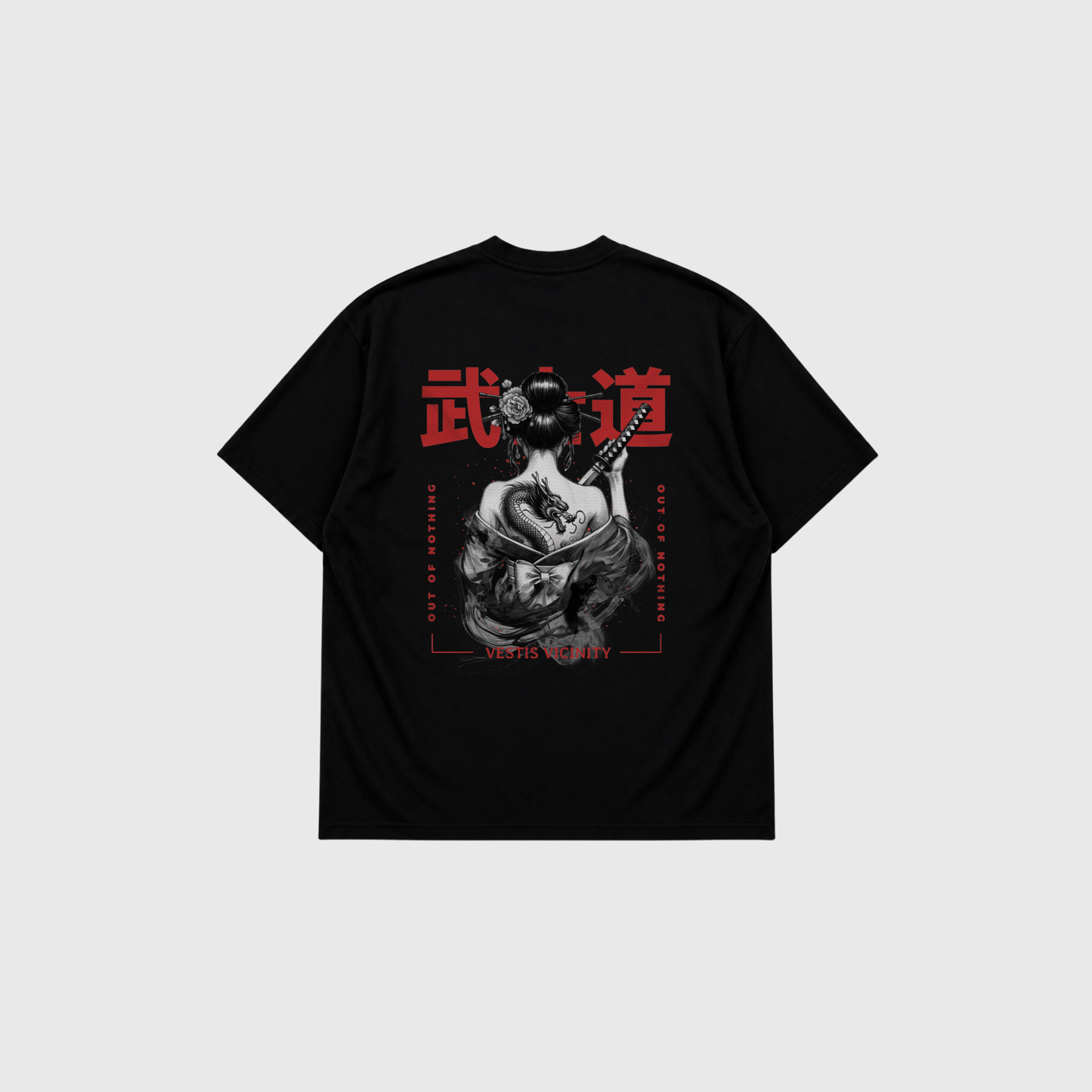 Black oversized T-shirt displayed from the back on a light gray background. Large red Japanese-style characters appear above a monochrome illustration of a warrior figure holding swords, framed by red graphic elements and vertical text accents